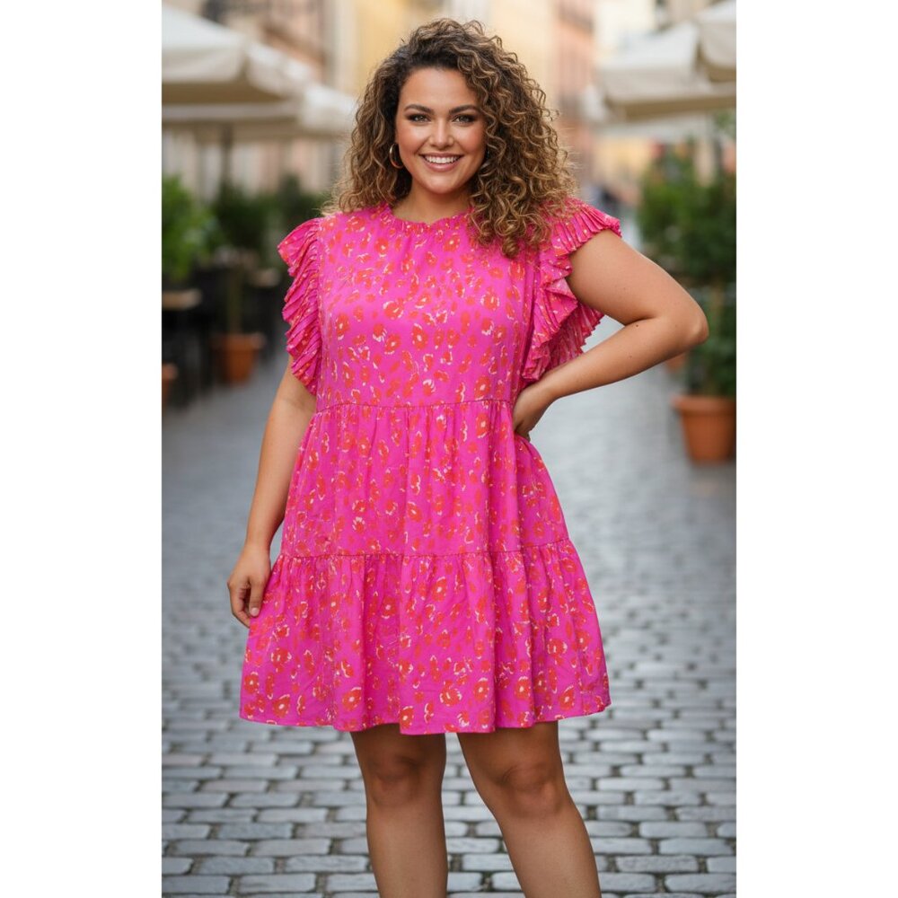 Hot Pink Ruffle Sleeve Tiered Dress – Fits 3X/4X (Tag 5X)